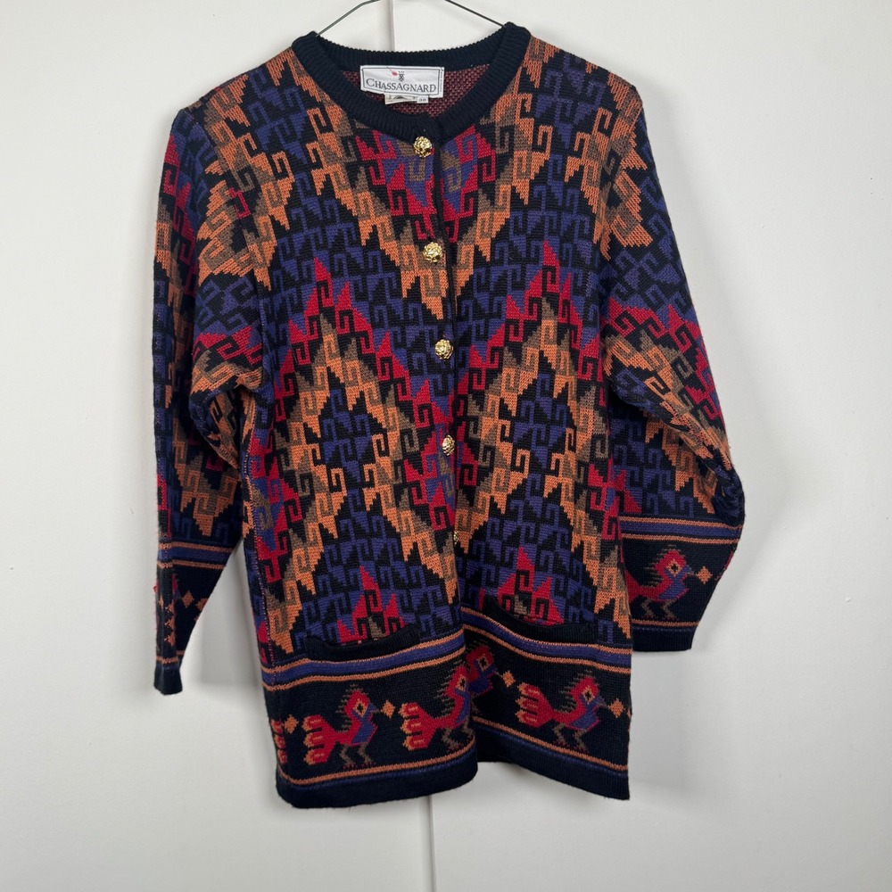 Chassagnard Vintage Made in France Wool Blend Geometric Bird Cardigan Sweater 38